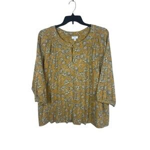 J. Jill Top XL Earthy Mustard Yellow Floral Boho Peasant Blouse 3/4 Sleeve Flowy
